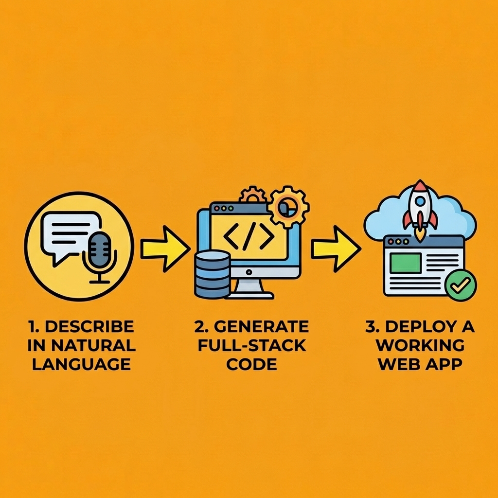 Three-step flow showing describe in natural language, generate full-stack code, and deploy a working web app